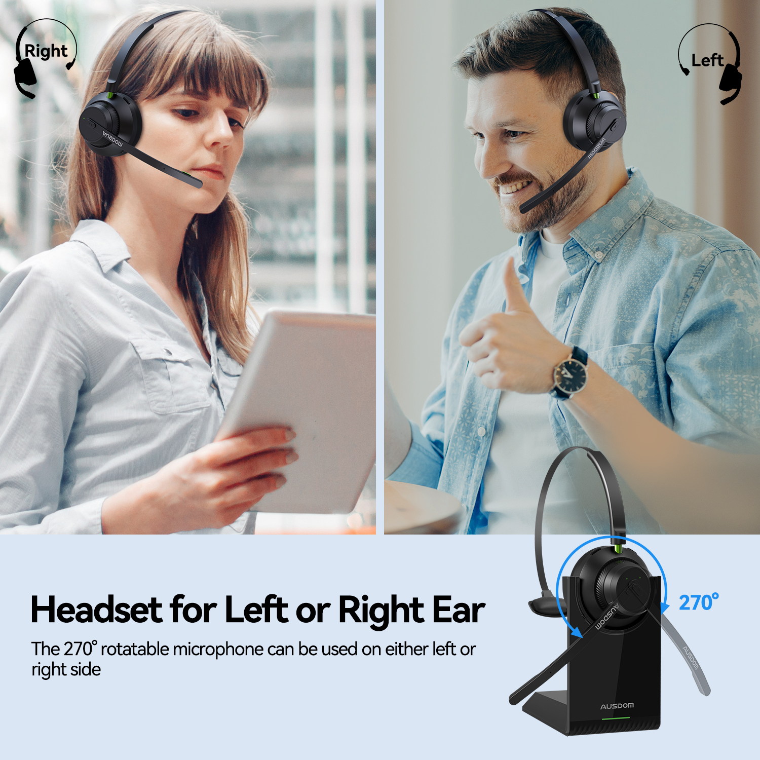 AUSDOM A2302 Trucker Bluetooth 5.1 AI Noise Cancelling Mics Wireless Headset With Charger Stand 50h Headphones For Call Center