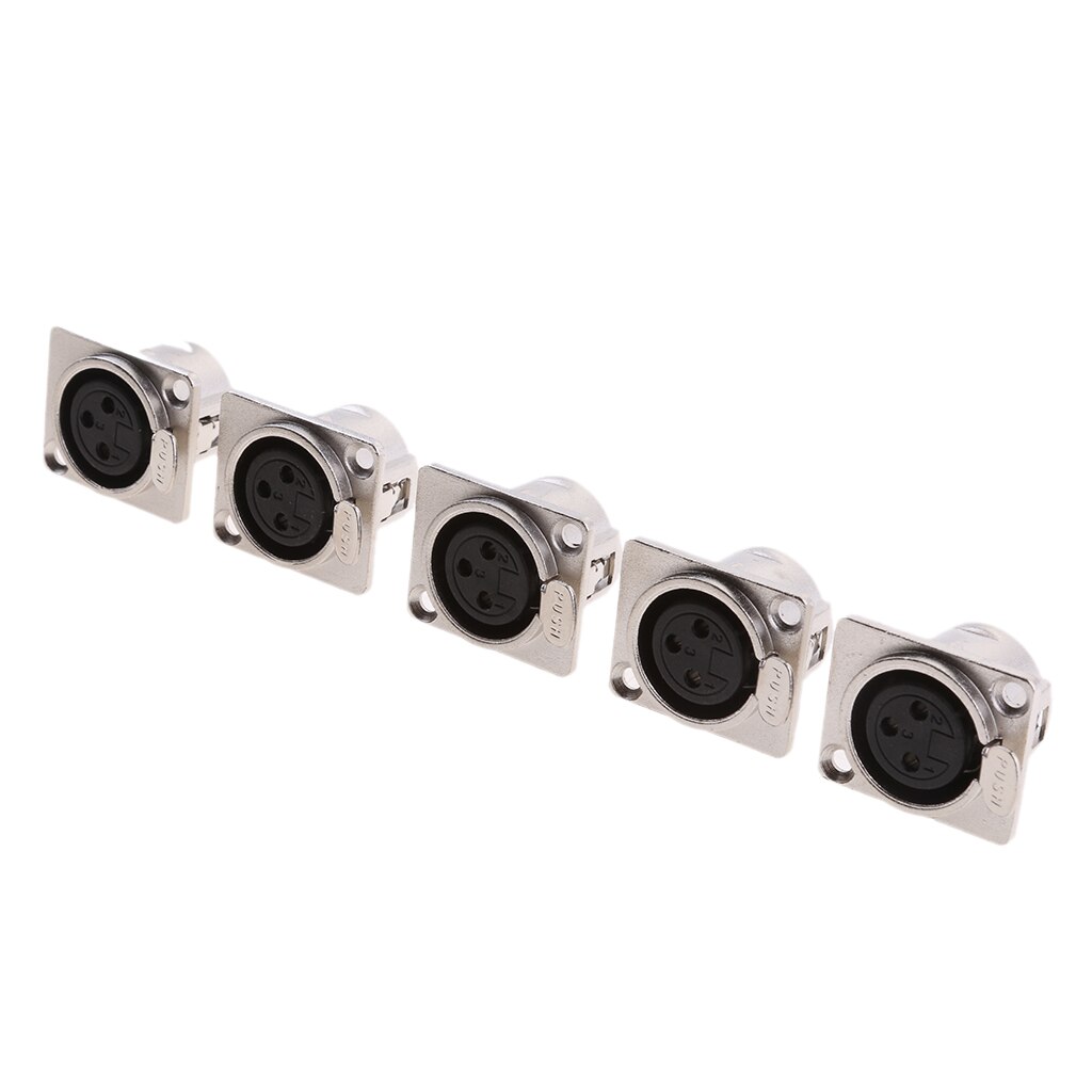 5Pcs XLR 3Pin Female Square Wall Chassis Panel Mounted Plug Socket Microphone Audio XLR Plug Nickle Plated Connector