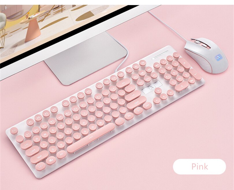 Gaming Keyboard and Mouse Wired Backlight Keyboard Mechanical Keyboard Retro Round Glowing Keycap 1600DPI Gaming Mouse Set: Pink