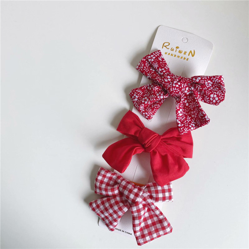 Neue Koreanische Stil Blumen- Plaid Tuch Baby Mädchen Bowknot Haarnadel Prinzessin Nette Kleinkinder freundlicher Headwear Zubehör 3 teile/satz: rot