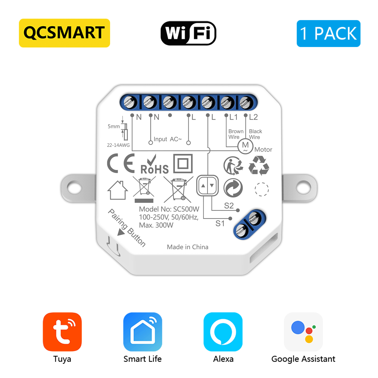 QCSMART Modulo interruttore tenda WiFi per motori persiane Controllo percentuale Tuya Voce di Google Alexa Funziona con spedizione veloce: Bundle1