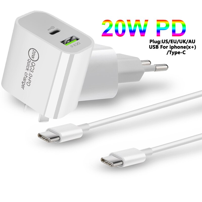 USB fast charge plug PD 5V3A 9V2A QC3.0 Mobile phone tablet charge cable For UK/AU/US/EU For iPhone/Type-C 20W Office charger