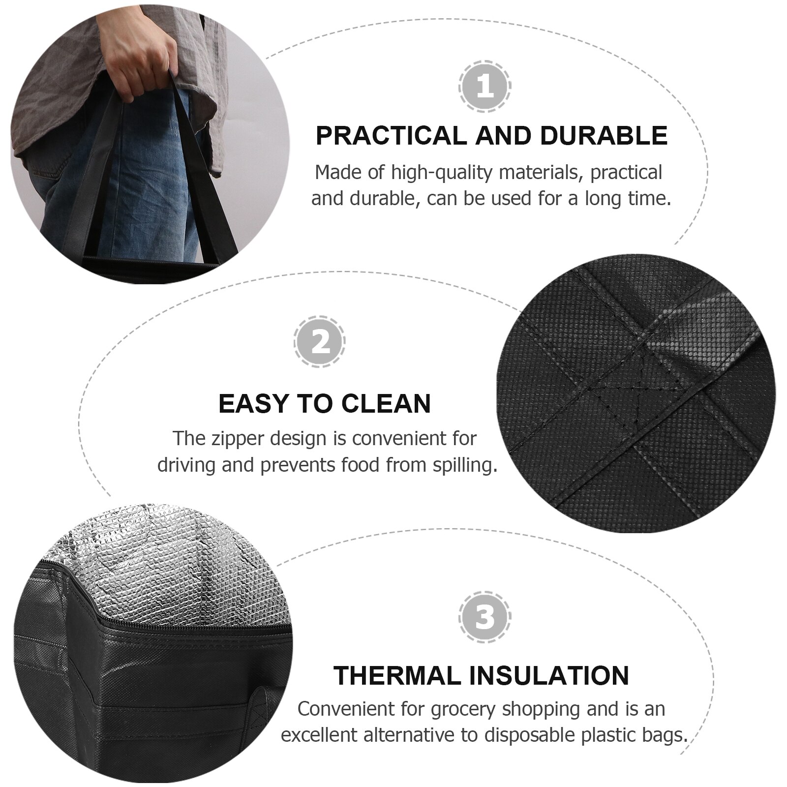 Reusable Grocery Bag Insulated Tote Cooler Bag Heavy Duty Shopping Bag (Black)