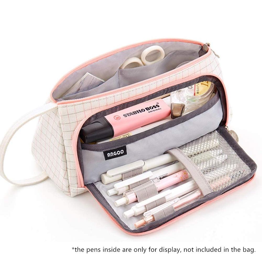 Angoo [Pure] Kleur Etui, Multi Slot Pen Zak, grote Opslag Pouch Organizer Voor Briefpapier Cosmetische Reizen Portemonnee A6443: Plaid Pink