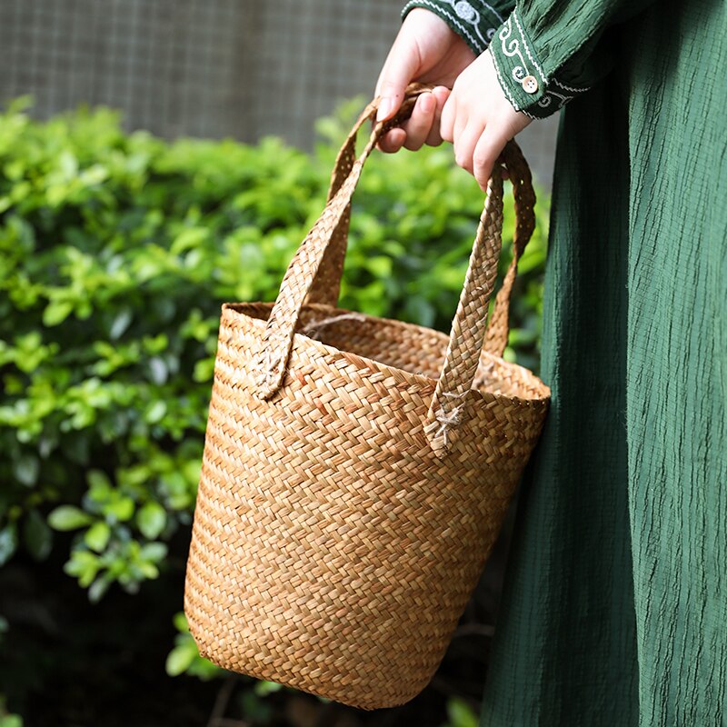 Japanse Stro Breien Opslag Emmer Huishouden Geweven Wasgoed Emmer Met Twee Oren Stro Breien Opslag Mand