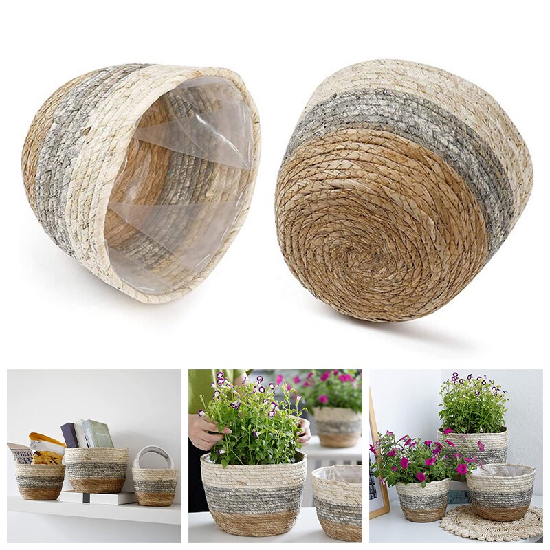 Rieten Mand Nordic Home Decor Hand Geweven Plant Bloempot Rotan Zeegras Bureau Opslag Mand Organizer Woonkamer Accessoire