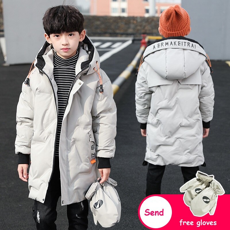 Jungen Winter Mäntel freundlicher knapp Mittel-Lange Starke Warme Hoodie Jacke Winddicht Kleidung Freies Handschuhe Art Mantel: Creme / 130cm