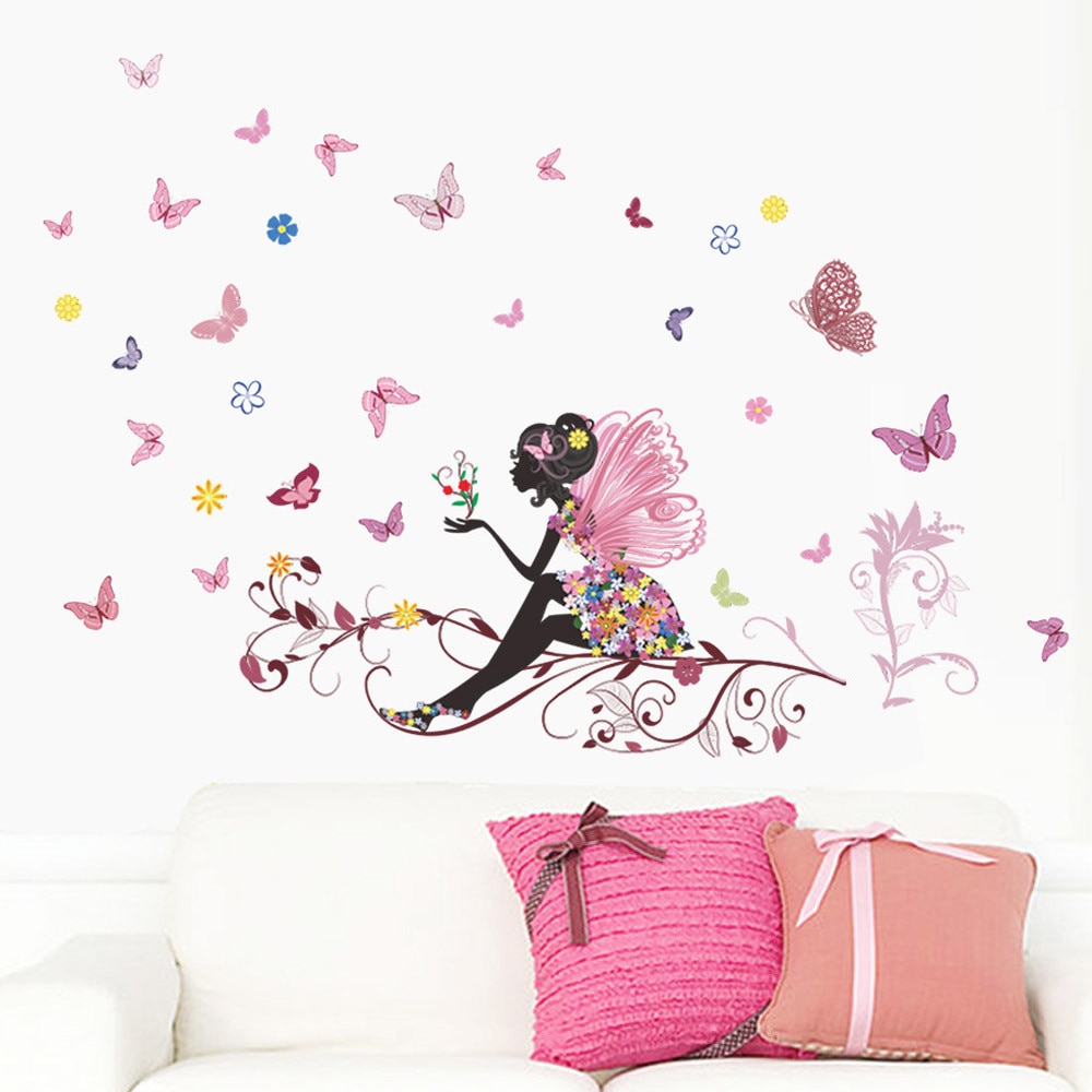 Butterfly Wall Decals Fairy Girl Wall Sticker Purple Butterfly Flowers Wall Decals DIY Moon Wolf Wall Stickers Falling Floral Petals Wall Mural Removable Waterproof Wall Acrylic Sticker/3D DIY Clock Wall Clocks