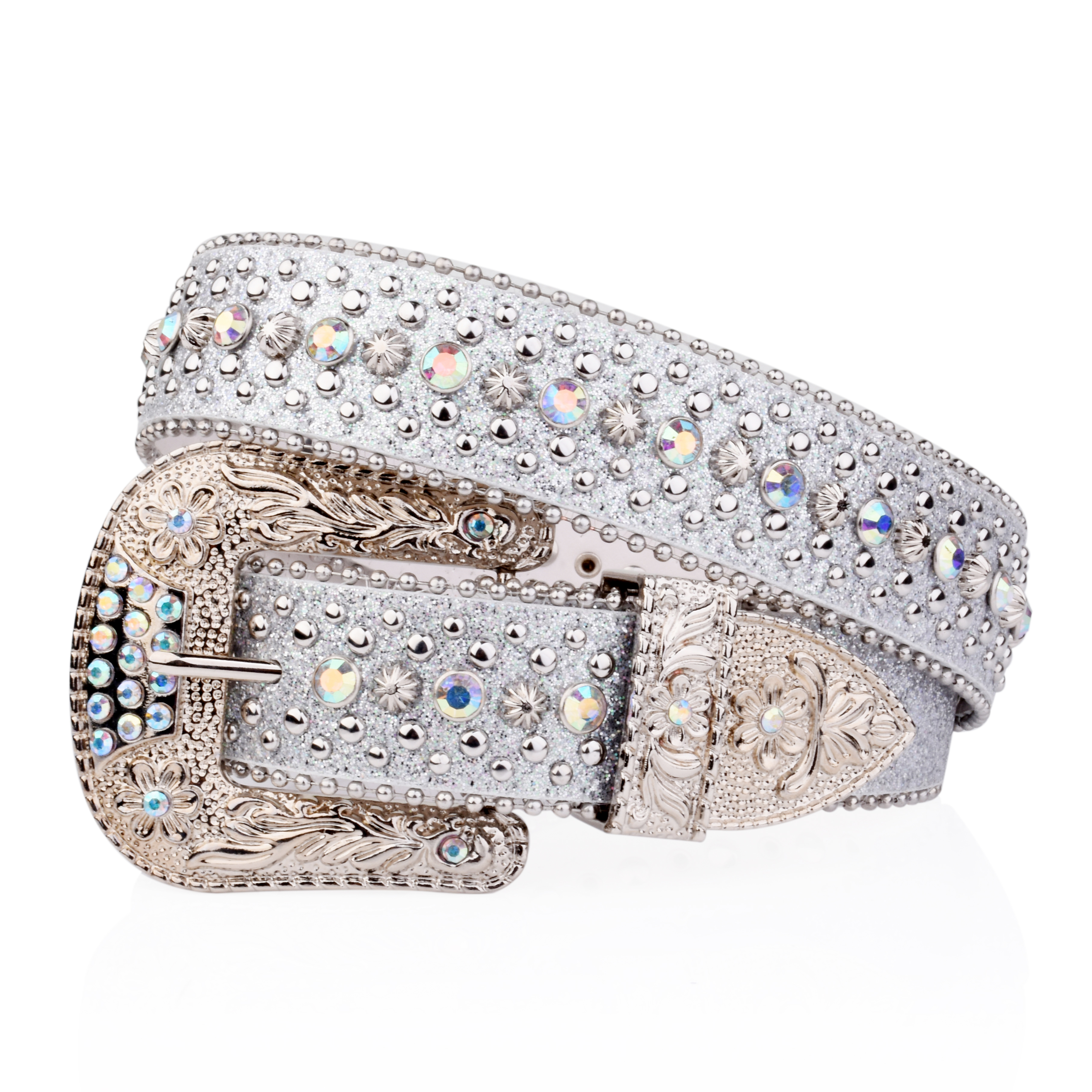 Ceinture Punk rock pour femmes, strass de luxe, bouton brillant, décorée en PU, Y2K, rétro, pour jeans pour hommes: Argent / 115 CM