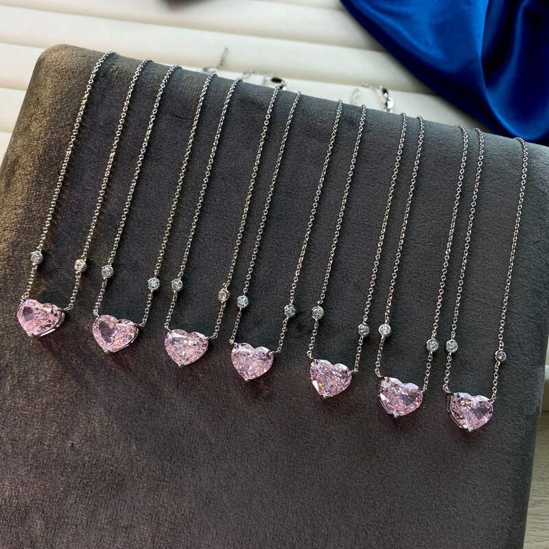 OEVAS 100% de Plata de Ley 925 Plata brillante Topacio rosa con alto contenido de carbono diamante corazón colgante de collar para las mujeres de joyería fina