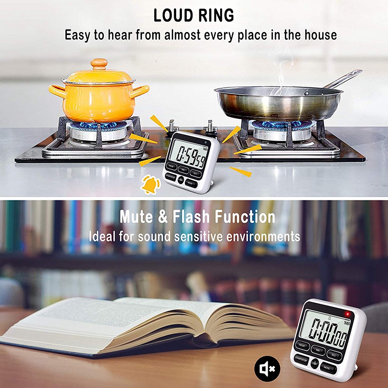 Digital Kitchen Timer with Mute/Loud Alarm Switch ON/OFF Switch, 12 Hour Clock &amp; Alarm, Memory Function Count Up &amp; Count Dow