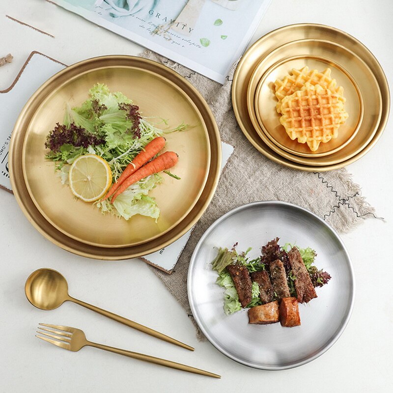 Gold Essen Platte Schüsseln Europäischen Stil Abendessen Platten Runde Platte Kuchen Tablett Westlichen Steak Runde Tablett Küche Geschirr #