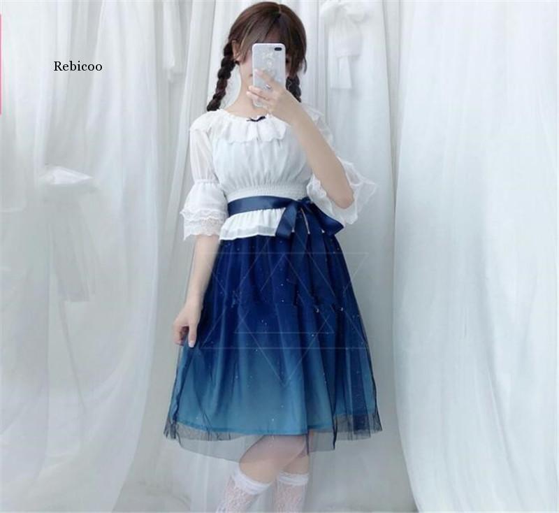 Shinning Stars Lolita Dress Gradient JSK Star Blue Girls Solid Fancy Dress Lace Ruched Pleated Dress and Shirt Set
