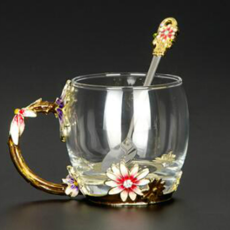 Luksus emalje kaffekop krus blomst te glas kopper til og kolde drikke te kop ske sæt perfekt bryllup wjb 41614: B1