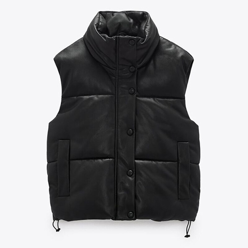 Femmes PU cuir veste bouffante épais manteaux fermeture éclair gilet vestes surdimensionné coton bulle vêtements femme Za: Black sleeveless / S