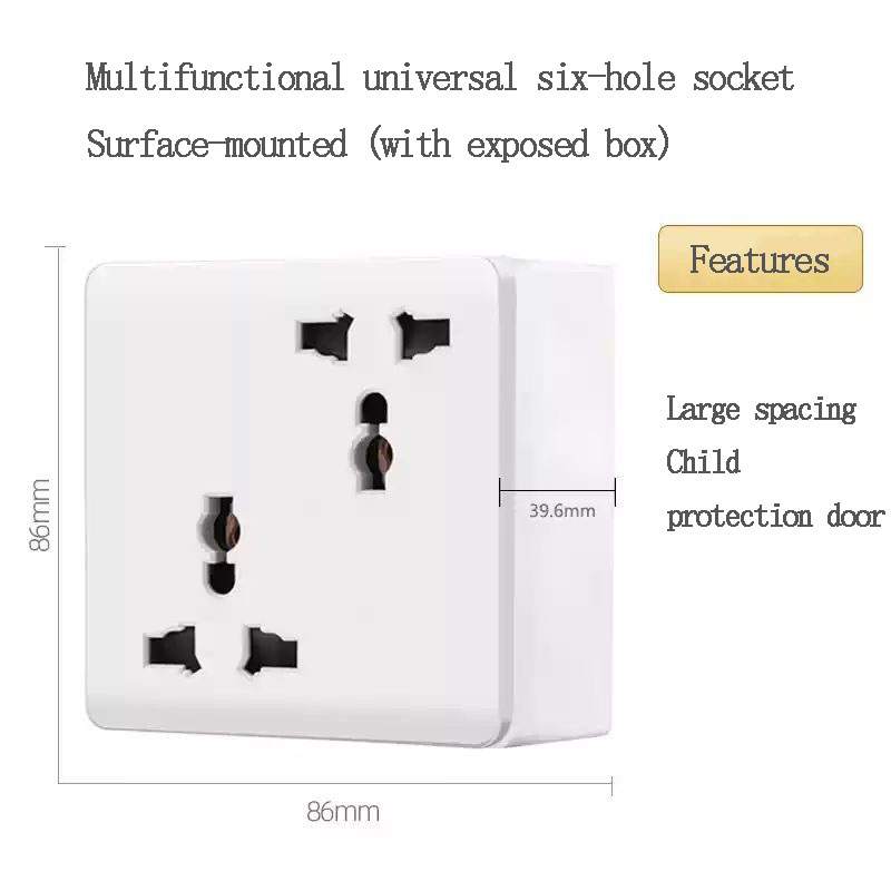 Gniazdo ścienne uniwersalne, typ 86, rozstawne, skośne, 6 gniazd, natynkowe, podwójne, 3-pinowe, brytyjskie, UK, 13A, płyta gniazdka zasilania, 4 kolory: Gniazdko ścienne