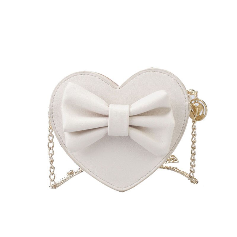 Baby Girls Cute Bow Handbags Heart Shaped Shoulder Bag Solid Color Crossbody Bags Small Purse PU Leather