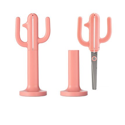 Cute Scissors Cactus Shape Decorative Kawaii Scissors Office Desktop Standing Paper Scissors Stationery: Coral Red