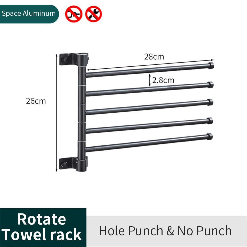 180° Swivel Towel Bar Bathroom Wall Mounted Removable Towels Storage Rack Punch-free Strong Load-bearing Laundry Drying Shelves: 5 pole