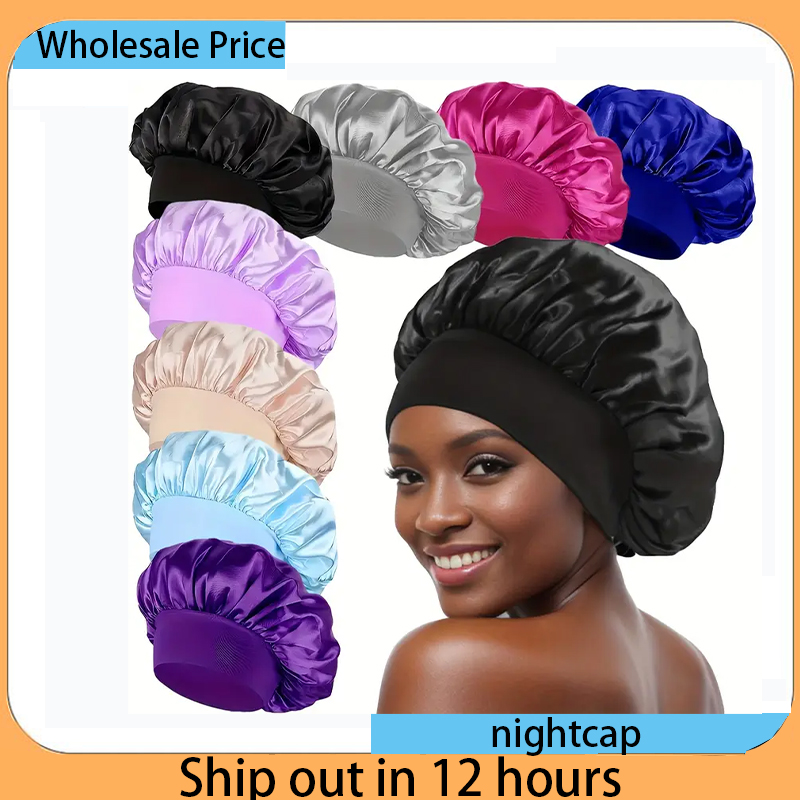 Gorro de satén sedoso para mujer, gorro de ducha de banda ancha elástica reutilizable, gorro para dormir, gorro protector para el cabello Natural rizado, 1 ud.