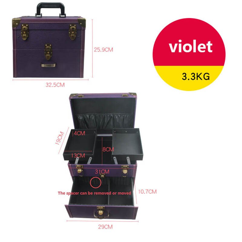 Vrouwen Hand Make-Up Artist Manicure Beauty Case Aluminium Cosmetische Organizer Travel Koffer Luxe Borduren Multilayer Toolbox: violet