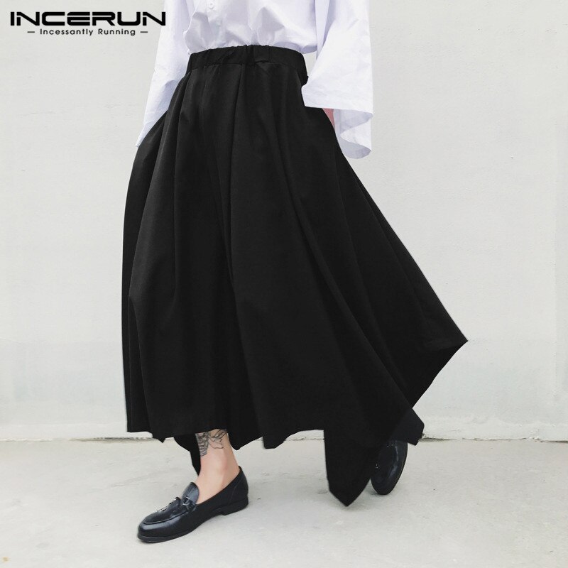 INCERUN, pantalones bombachos para hombre, pantalones para correr de Color sólido de cintura elástica , pantalones de falda Irregular suelto, ropa de calle, pantalones de baile para hombre