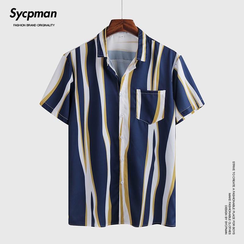 Is silke uregelmæssig stribe skjorte kort ærme mænds forretningsrejse rejse charme personlighed revers stereo alsidig foring