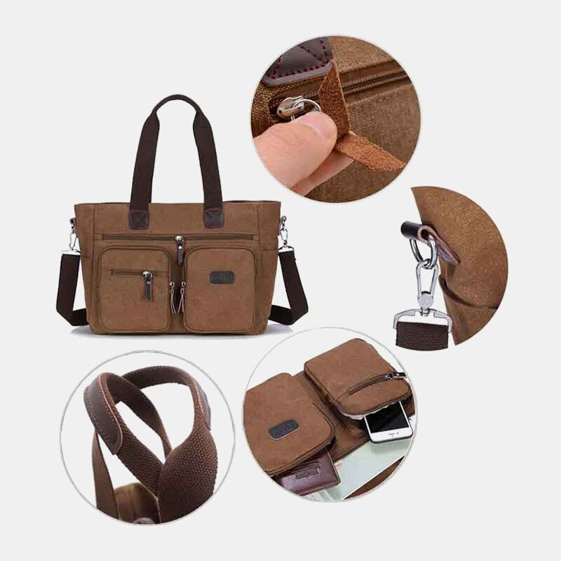 Men's Canvas Briefcase Business Handbag Multi-pocket Shoulder Crossbody Bag Laptop Office File Storage Organizer Men Bags