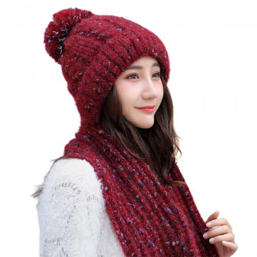Korean-Style Women Autumn Winter Skullies Beanies Girls Soft Warm Woolen Knitted Circle Loop Scarf Cap Ladies ourdoor sports Hat: Red