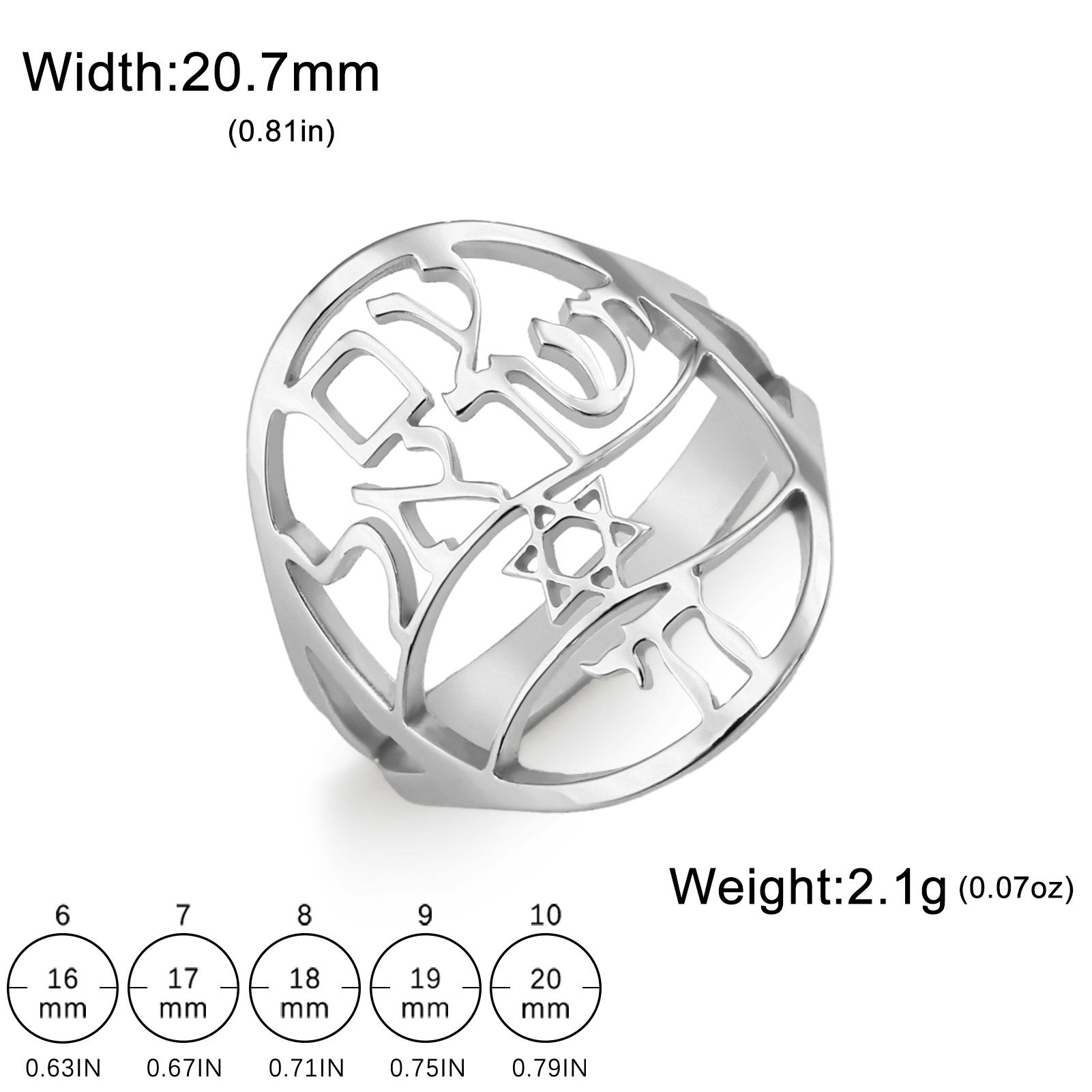 Sipuris Jewish Chai Symbol of Life Rings for Women Men Hebrew Star of David Ring Hashanah Stainless Steel Jewelry: 7 / Silver