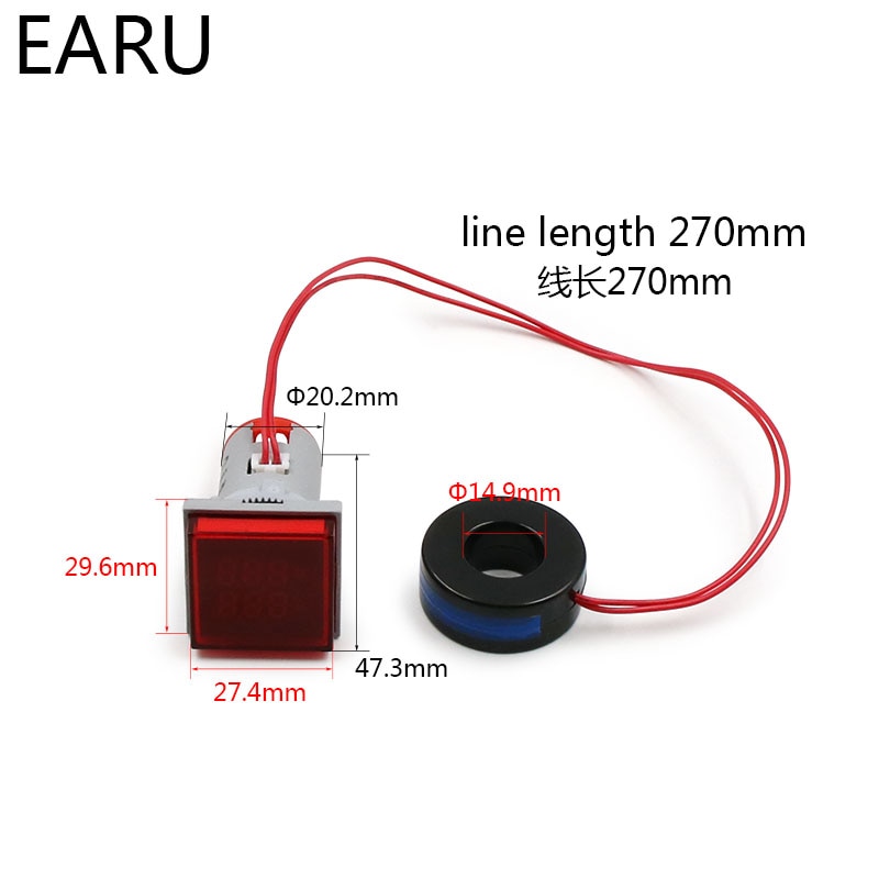 Mini digital voltmeter amperemeter 22mm ac 20-380v 0-100a amp volt spændingstester meter dobbelt led indikator pilot lampe lys display