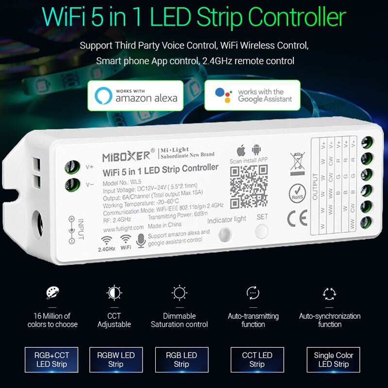 Dc12-24v wifi 5 in 1 smart led strip light controller alexa spi voic 2.4 ghz rgb rgbw cct controller ios android app 15a 360w