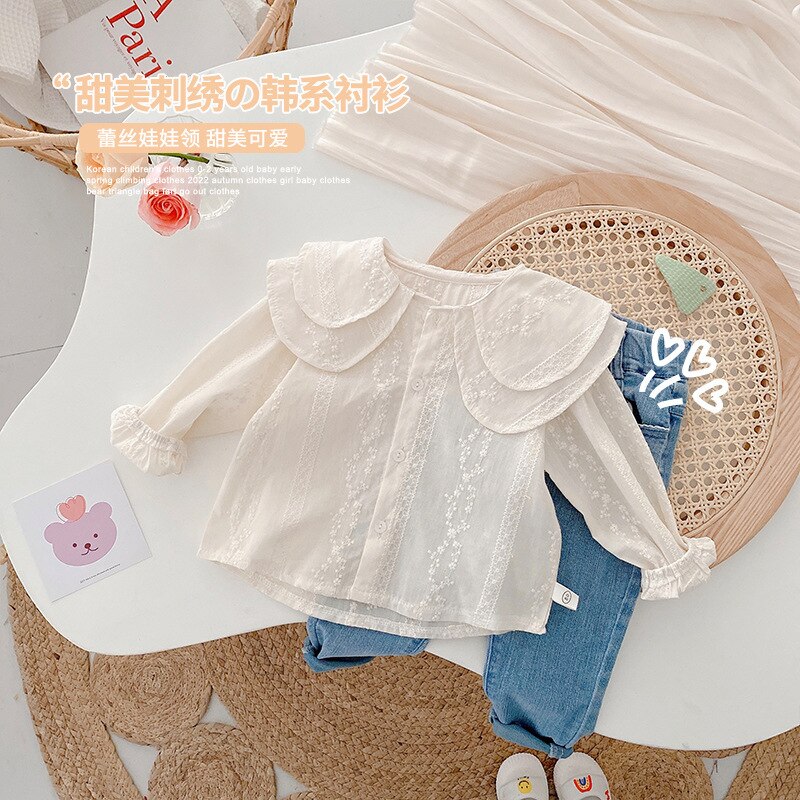 Chemise en coton à manches longues pour fille, chemisier blanc brodé à gros revers, Blouse à volants, chemisier ajouré à fleurs pour enfants