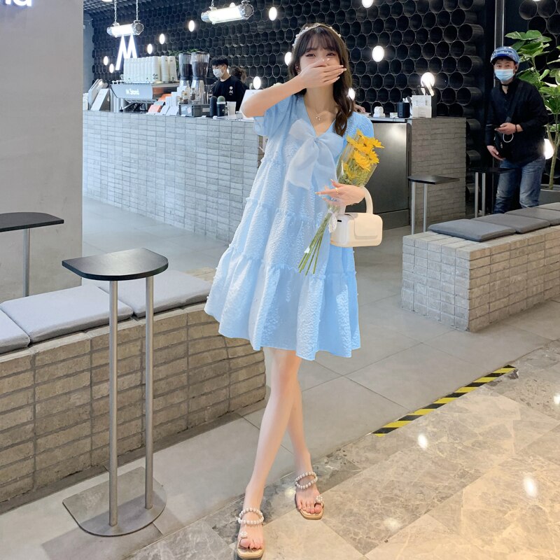 Vestido de estilo francés para mujer embarazada, ropa de maternidad con manga Hubble, Burbuja, cuello en V, Princesa de hadas, lazo, vestido de baile