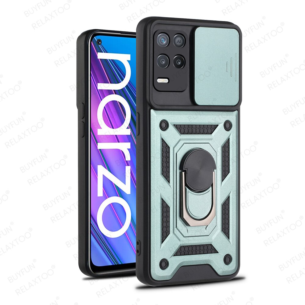 Pokrowiec na Realme Narzo 30 5G etui z pierścieniem uchwyt magnetyczny pancerz odporny na wstrząsy Coque Realmi Narzo30 5G 6.5 &#39;&#39;Push Camera Protect Funda: For Narzo 30 5G / Green-04