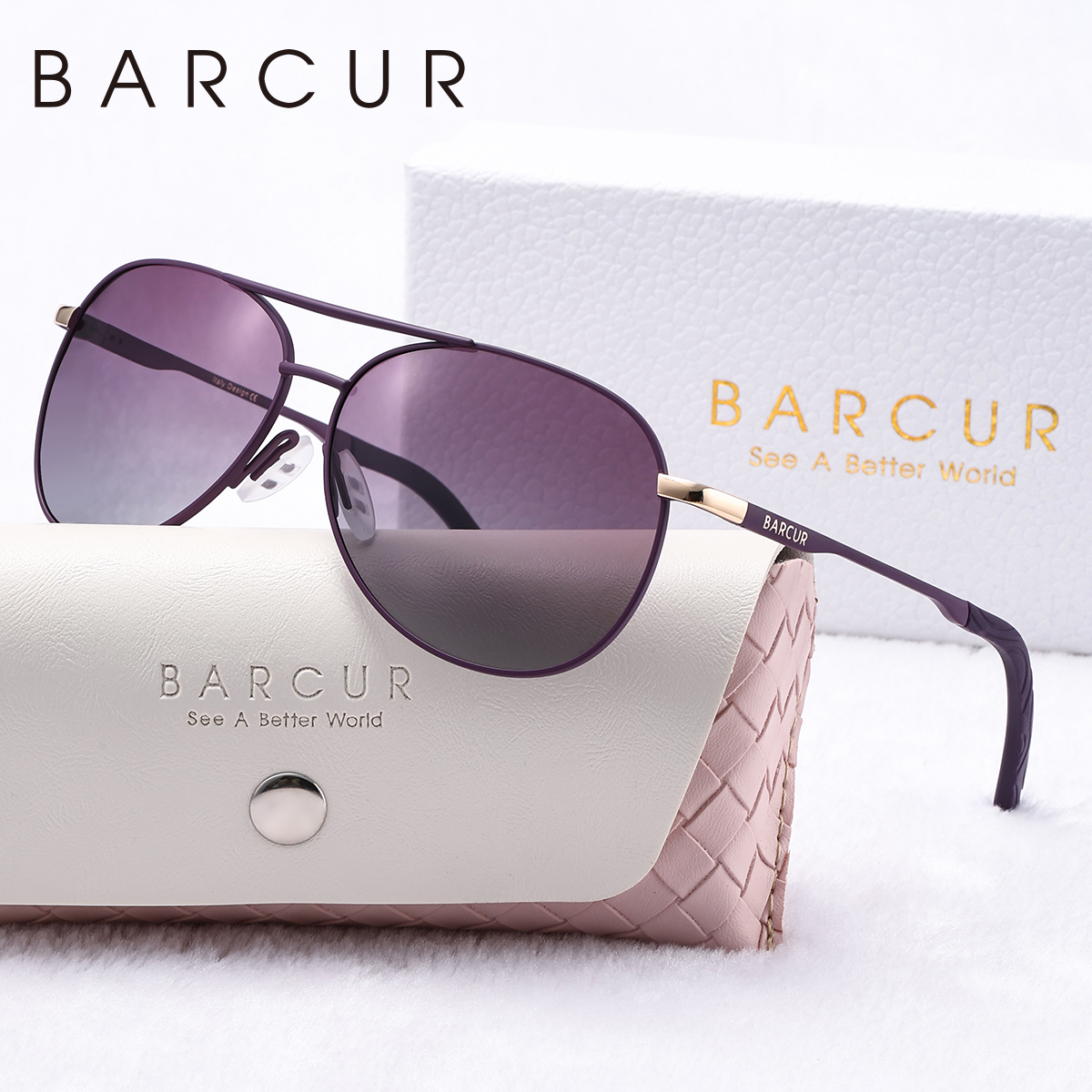 Barcur metalen gepolariseerde roze zonnebril voor dames, lichtgewicht, blauwe gradient glazen, accessoire voor dames: Paars