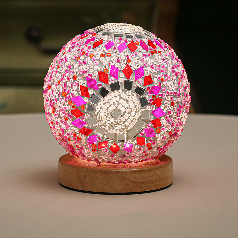Mozaïek glazen bol tafellamp, bollamp met houten voet, turkse marokkaanse ronde kleine lamp voor slaapkamer, woonkamer en huisdecoratie.: Geel / Donkerrood