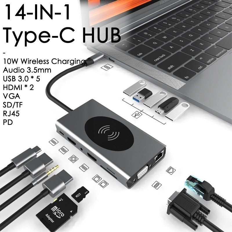 15 In 1 USB-C Hub Met Hdmi RJ45 Draadloze Lading Sd Kaartlezer Type-C Uitbreiding Dock Voor Macbook pro Laptop Accessoires: 14 in 1 hub