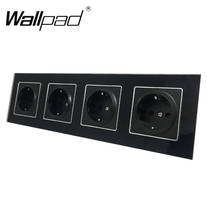 Cuádruple Enchufe europeo caja redonda montaje CE Wallpad cristal negro de lujo 4 Marco 16A EU enchufe eléctrico estándar con garras