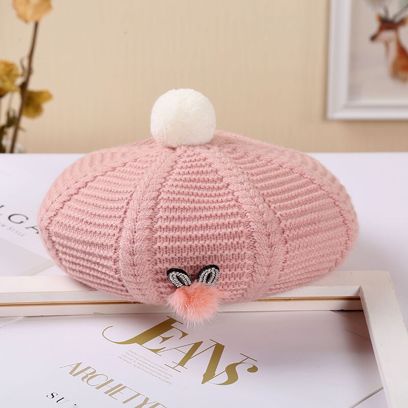 Dames hoeden en petten baret hoed muts dames herfst winter warme muts muts femme bontbal konijn wollen gebreide muts: Roze