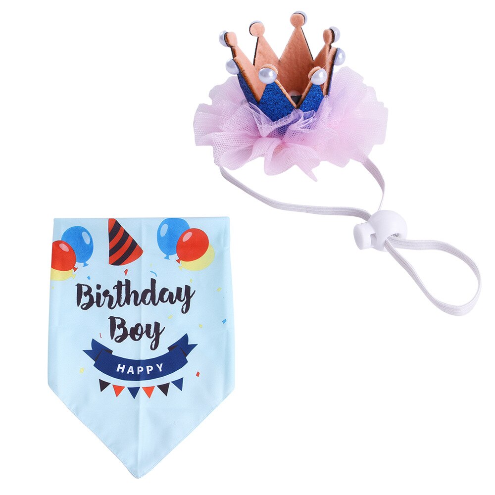Conjunto de vestido de cumpleaños para gato, corona de perlas, Combo de sombrero y bufanda triangular, suministros para mascotas, decoraciones para gatos, tocado de gato: light blue