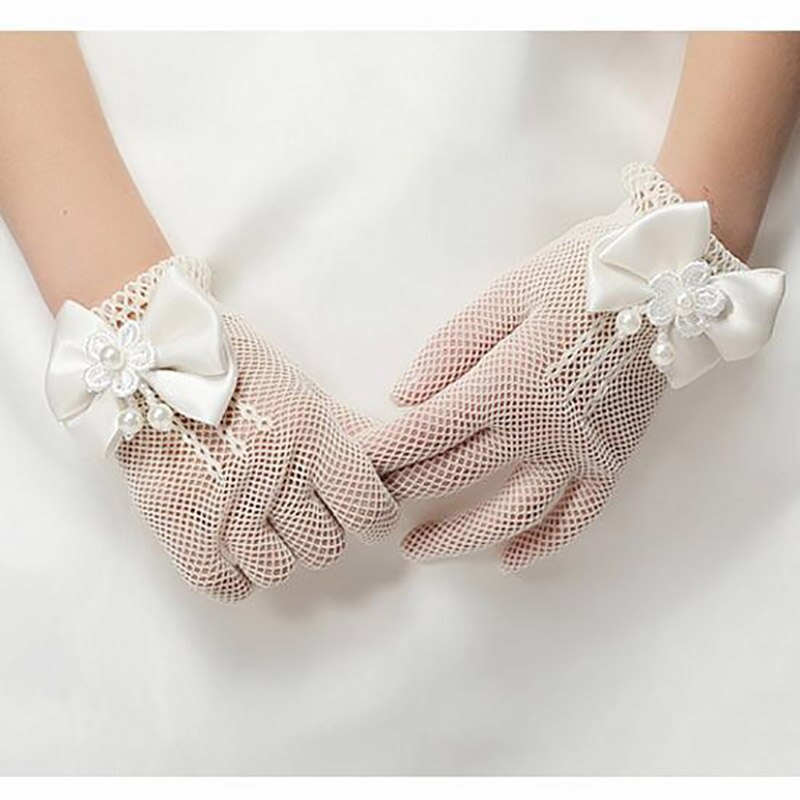 Mädchen Weiß Spitze Bogen Handschuhe Fishnet Handschuhe Kommunion Blume Mädchen Braut Party Zeremonie Zubehör Prinzessin Kostüm Kleid Handschuhe