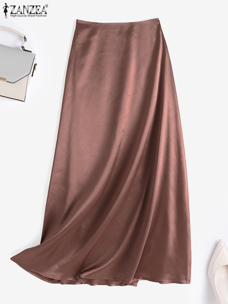 ZANZEA Woman Spring Autumn Satin Silk Skirt Work OL Back Zipper Faldas Saia Jupe Casual Party Solid Sundress 2023