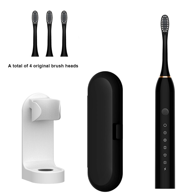 Schall- Elektrische Zahnbürste + Zahn Pinsel Kopf + Reise Kasten + Zahnbürste Halfter Ultra Schall- Automatische USB Aufladbare IPX7 Wasserdicht: Schwarz 4 Kopf einstellen