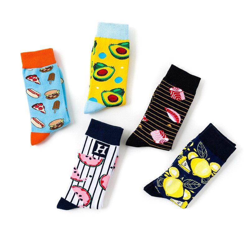 Funny Happy Socks Men Socks Cartoon Gourmet Burger Pizza Fruit Print Socks Cotton Socks Women Couple Soks 5 Pairs/set