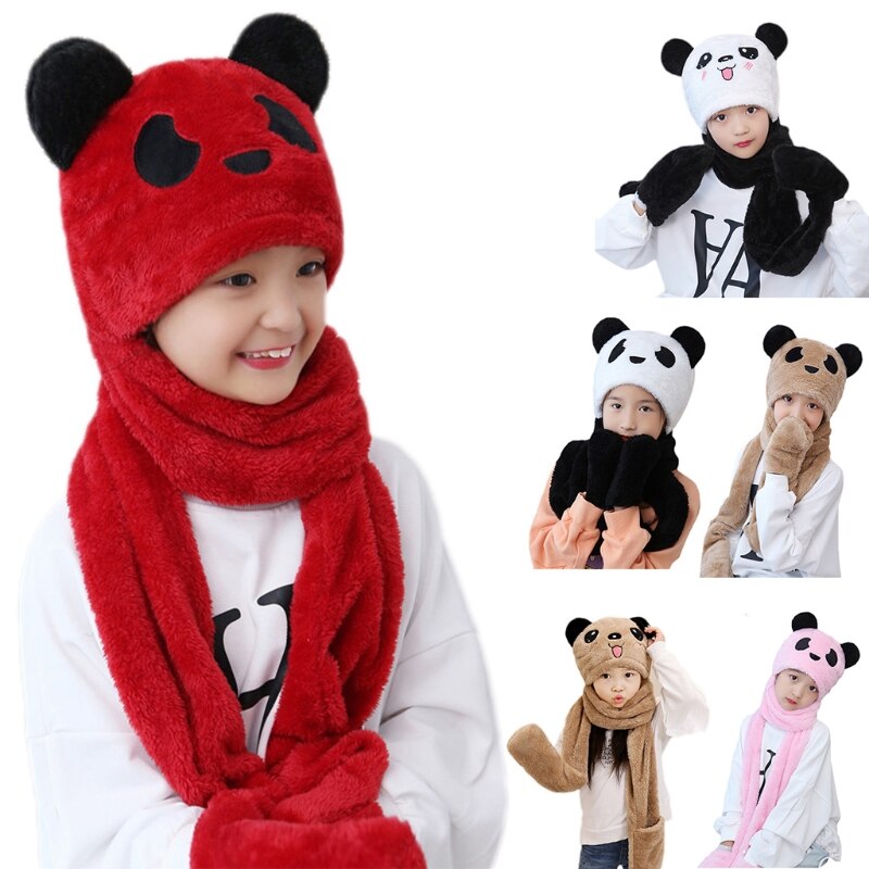 Peuter kinderen baby winter 3 in 1 muts lange sjaal handschoenen set panda dierenoren dikke pluizige pluche hoodie oorklep muts nekwarmer