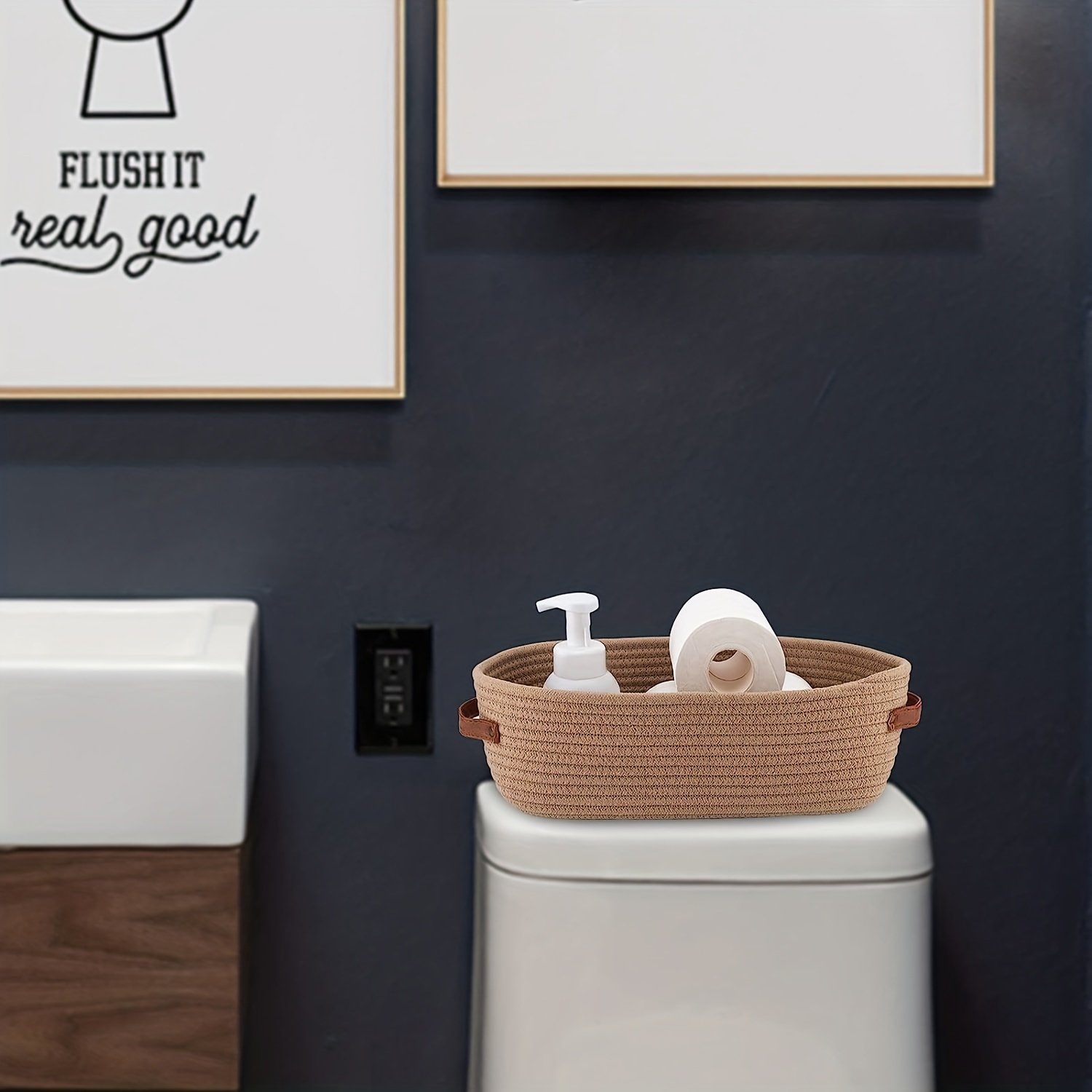 Panier de rangement ovale tissé pour salle de bain, organisateur de bureau multifonctionnel, porte-papier hygiénique, panier de rangement pour jouets