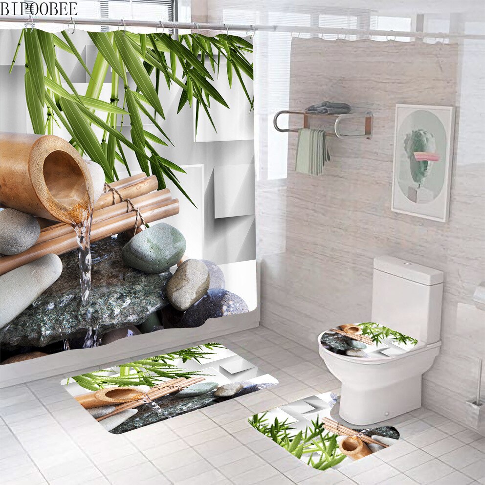 Tenda da doccia silenziosa con motivo in bambù che scorre per la decorazione del bagno tessuto tende da bagno in poliestere tappeto con piedistallo coperchio del coperchio della toilette: 4 PCS