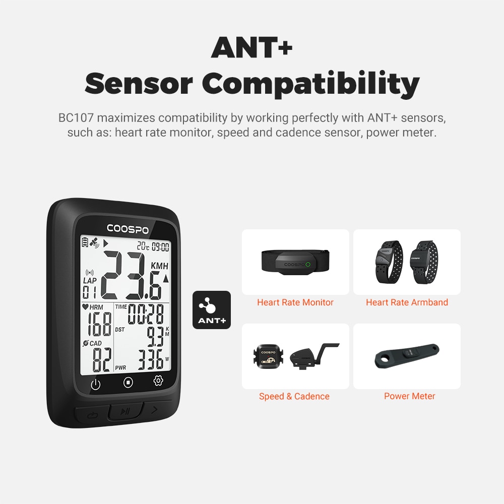 Coospo BC107 2.4Inch Gps Fietscomputer Ant + Sensor Compatibiliteit Draadloze Auto Backlight IP67 Fiets Snelheidsmeter Sync Om Strava