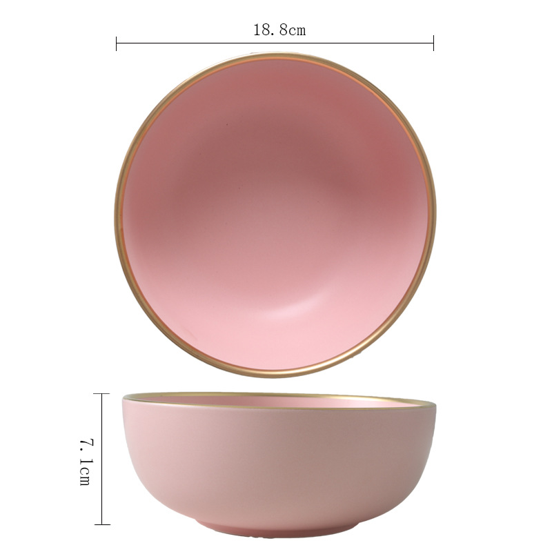 Massiv lyserød keramisk plade gylden kant maleri porcelæn skål plade ske servise sæt vestlig bøf bakke snack retter plade: 7.5 tommer skål